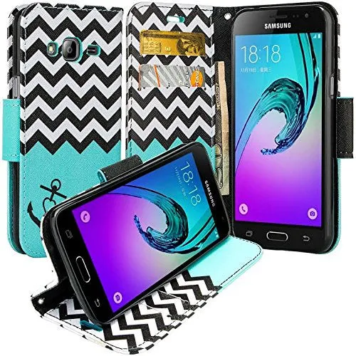 Samsung Galaxy J3 Case, J3V Case | Galaxy Express Prime Case | Galaxy Sky Case | Amp Prime Case | Galaxy Sol Wrist Strap Pu Leather Magnetic Fold Wallet Case with ID & Card Slots - Teal Anchor