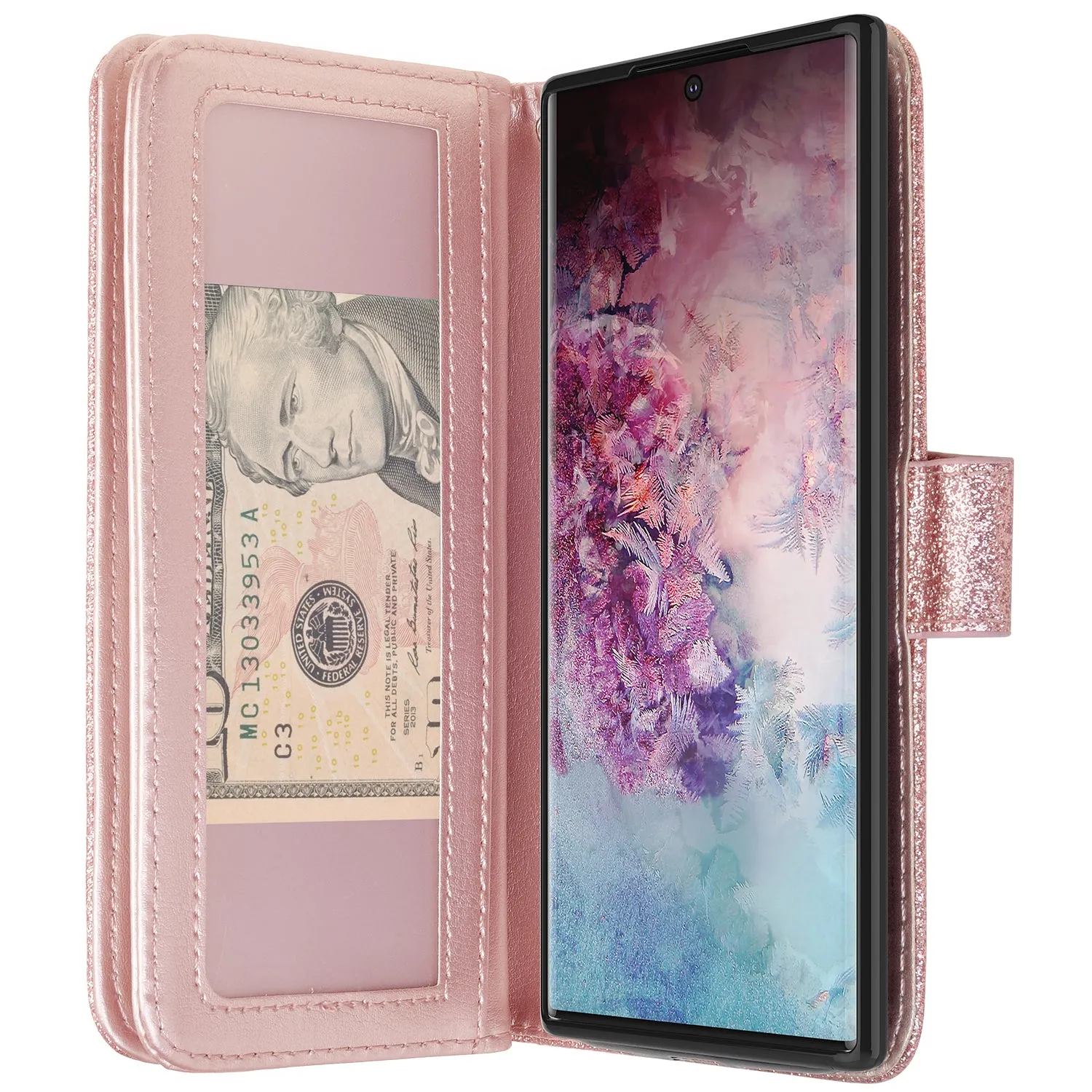 Samsung Galaxy Note 10  Case, Galaxy Note 10 Plus Case, Glitter Faux Leather Flip Credit Card Holder Wrist Strap Shockproof Protective Wallet Case Clutch for Galaxy Note 10 Plus - Rose Gold