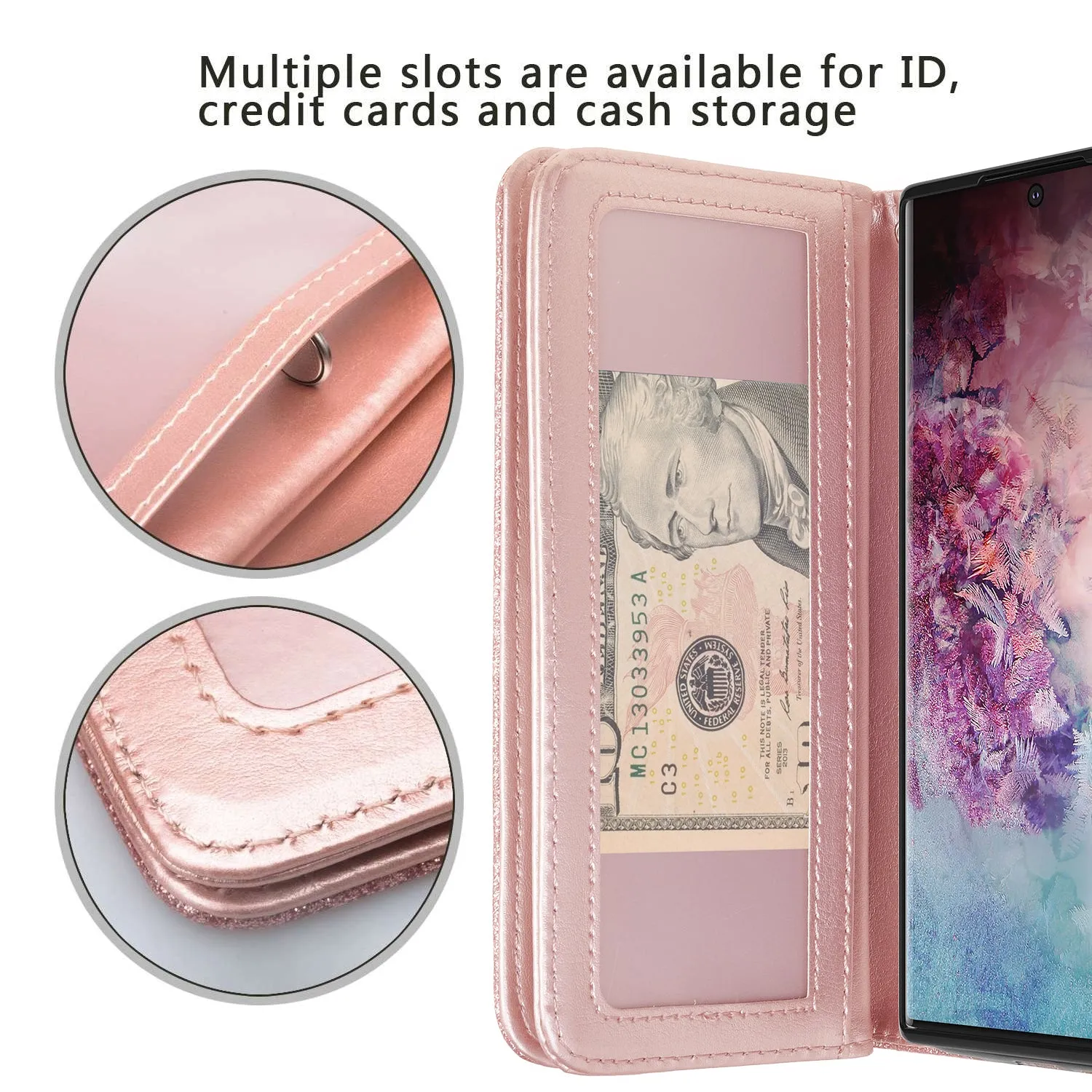 Samsung Galaxy Note 10  Case, Galaxy Note 10 Plus Case, Glitter Faux Leather Flip Credit Card Holder Wrist Strap Shockproof Protective Wallet Case Clutch for Galaxy Note 10 Plus - Rose Gold