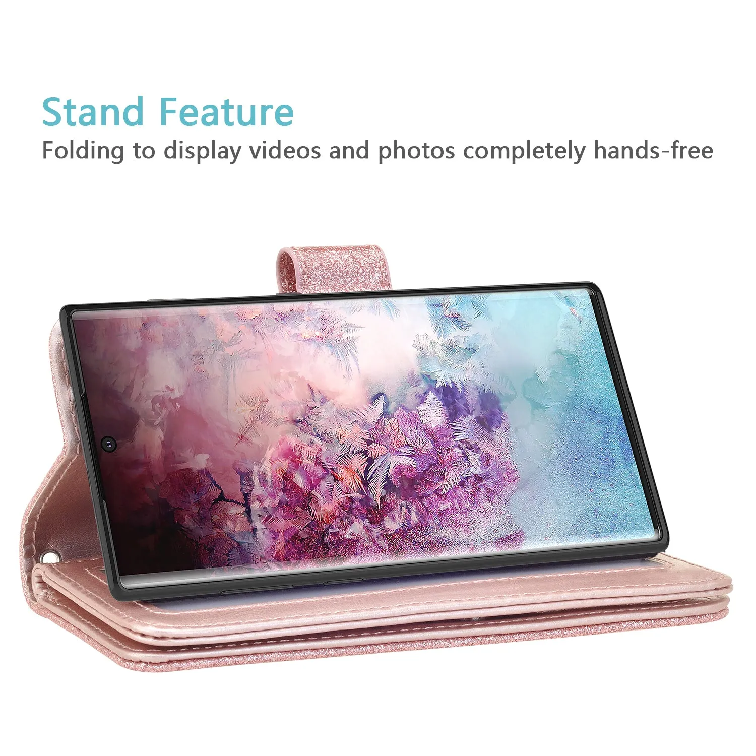 Samsung Galaxy Note 10  Case, Galaxy Note 10 Plus Case, Glitter Faux Leather Flip Credit Card Holder Wrist Strap Shockproof Protective Wallet Case Clutch for Galaxy Note 10 Plus - Rose Gold