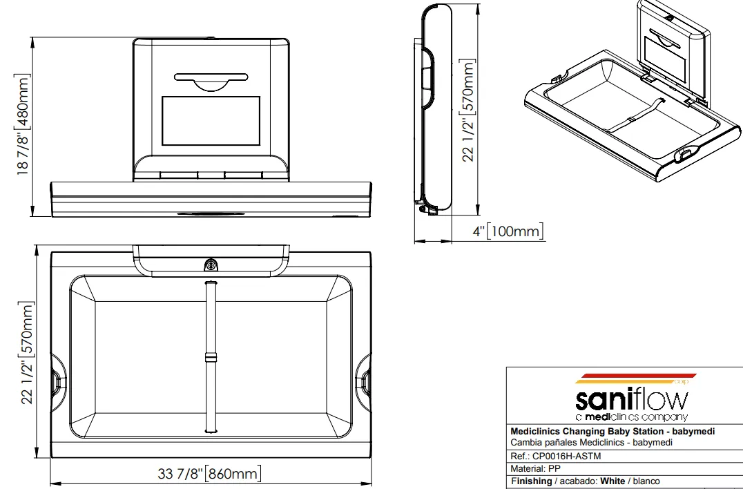 Saniflow CP0016H-ASTM BabyMedi White Plastic Baby Changing Station - Horizontal