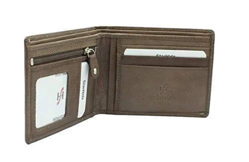 StarHide Men's Gents Brown Smooth Leather Wallet With A Secure Zipped Coin Pocket & ID Window Gift Boxed - 1140