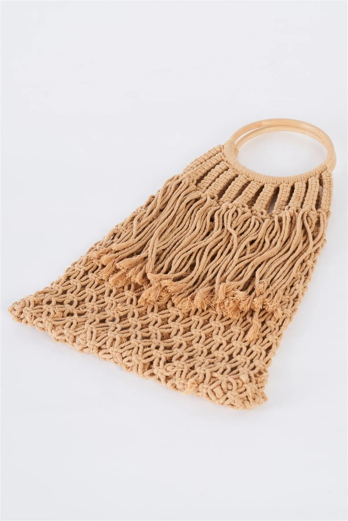 Taupe Net Front Cable Fringe Wooden Handle Bag /1 Bag