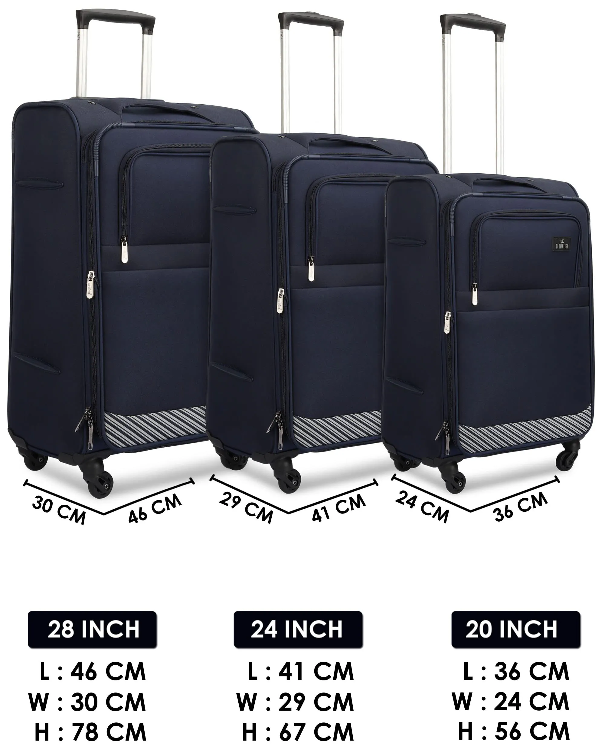 THE CLOWNFISH Combo of 3 Sydney Luggage Polyester Soft Case Suitcases Varied Sizes Four Wheel Trolley Bags - Navy Blue (56 cm, 67 cm, 78 cm)