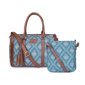 The Clownfish Combo of Lorna Printed Handicraft Fabric Handbag and Aahna Polyester Crossbody Sling bag for Women (Blue)