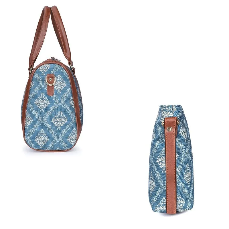 The Clownfish Combo of Lorna Printed Handicraft Fabric Handbag and Aahna Polyester Crossbody Sling bag for Women (Blue)