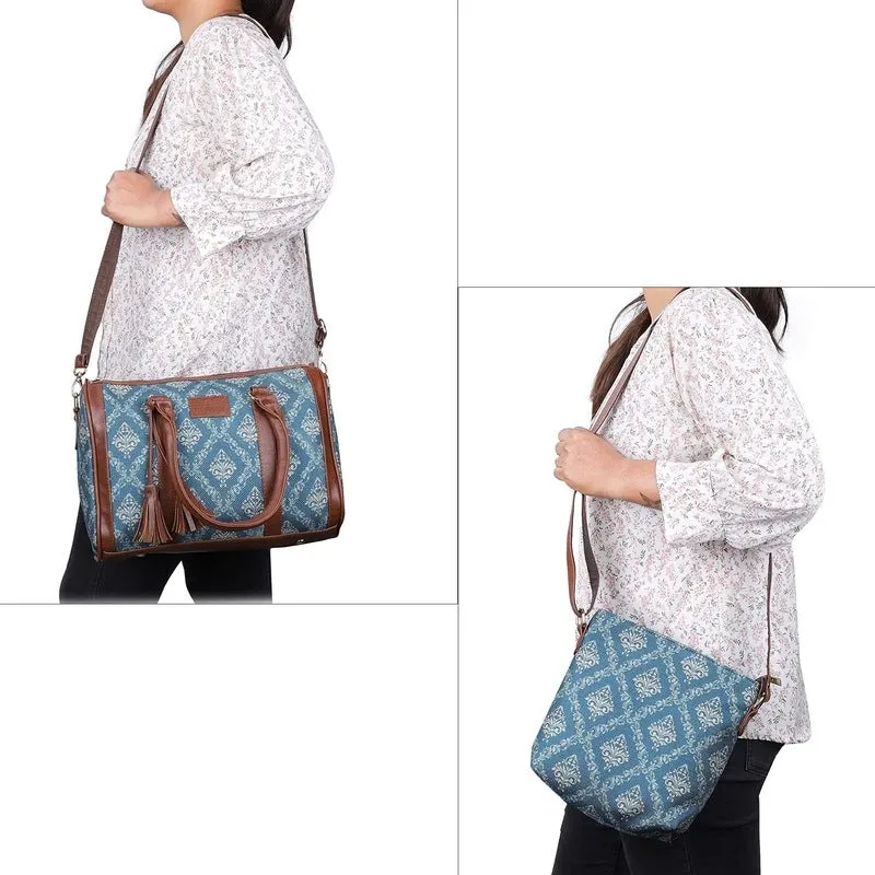 The Clownfish Combo of Lorna Printed Handicraft Fabric Handbag and Aahna Polyester Crossbody Sling bag for Women (Blue)