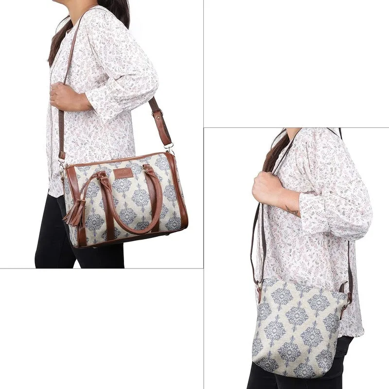 The Clownfish Combo of Lorna Printed Handicraft Fabric Handbag and Aahna Polyester Crossbody Sling bag for Women (Off White)