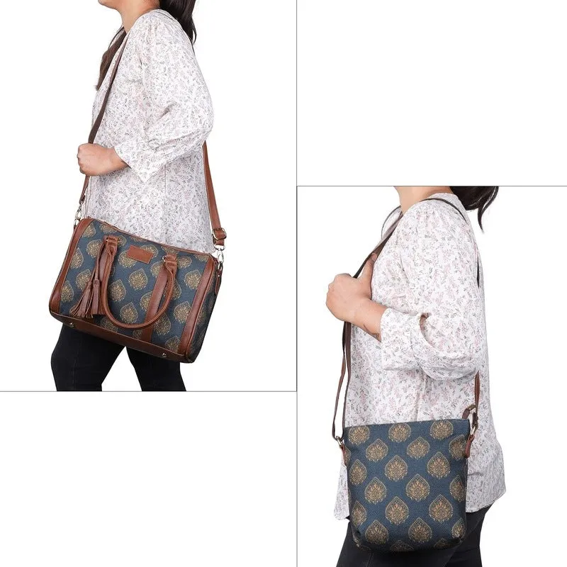 The Clownfish Combo of Lorna Printed Handicraft Fabric Handbag and Aahna Polyester Crossbody Sling bag for Women (Peacock Blue)