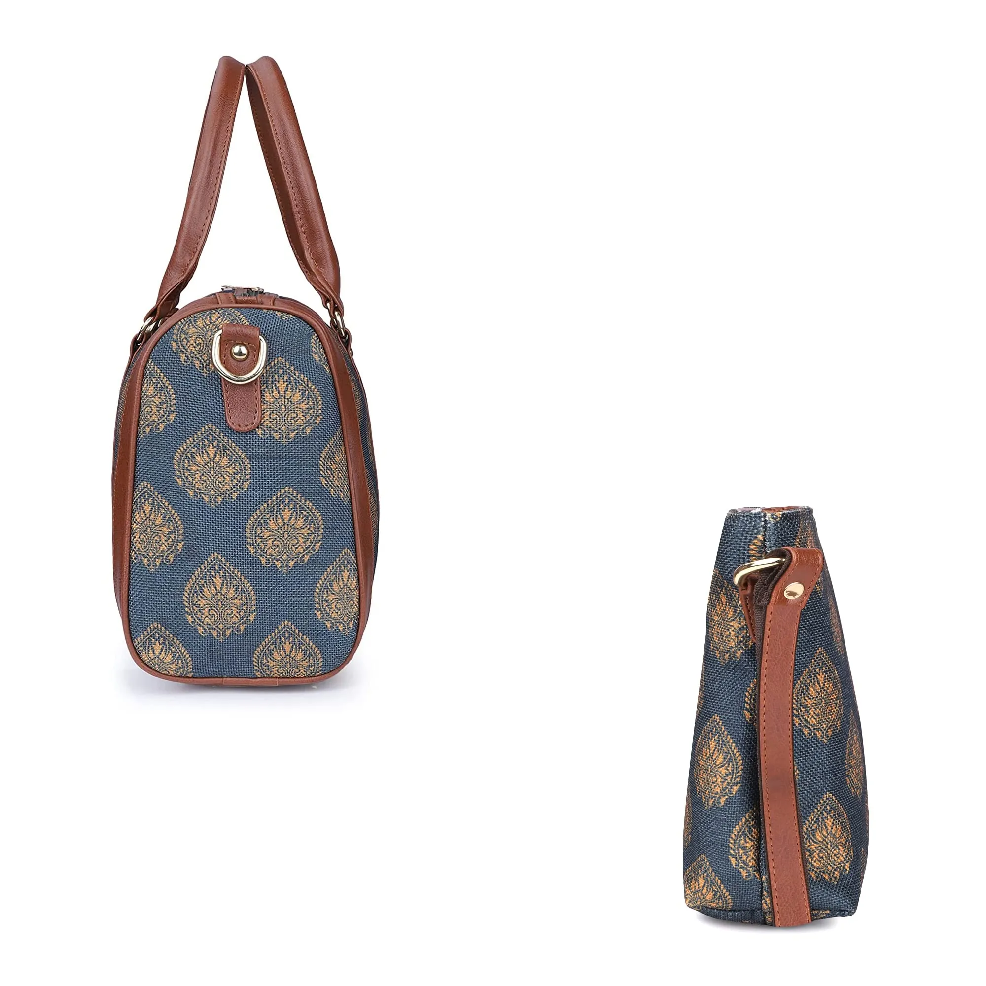 The Clownfish Combo of Lorna Printed Handicraft Fabric Handbag and Aahna Polyester Crossbody Sling bag for Women (Peacock Blue)