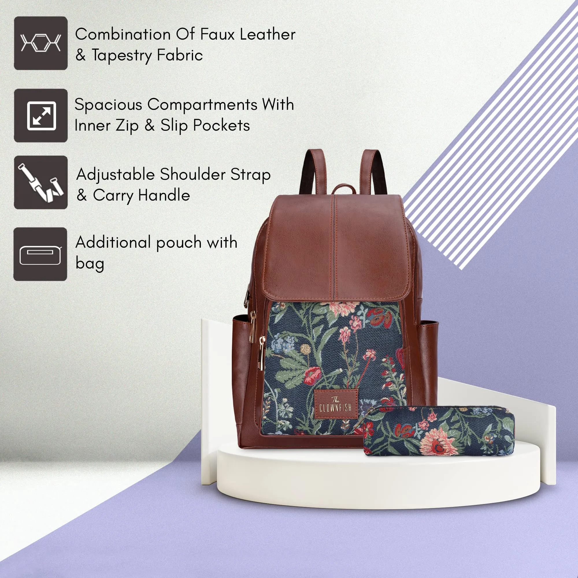 THE CLOWNFISH Combo Of Minerva Faux Leather & Tapestry Women's Backpack College School Girls Bag Casual Travel Backpack For Ladies & Expert Series Pencil Pouch Pen Case (Navy Blue-Floral), 10 Litres