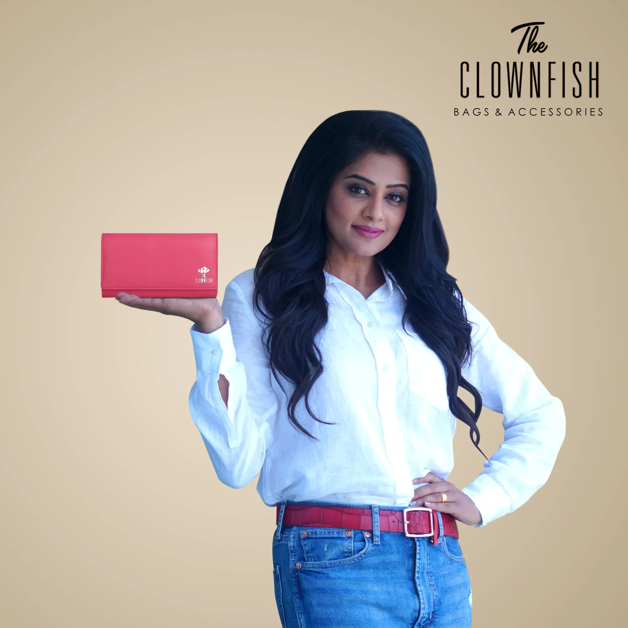 THE CLOWNFISH Elsa Collection Genuine Leather Tri-Fold Womens Wallet Clutch Ladies Purse with Multiple Card Slots & ID Card Windows (Dark Pink)