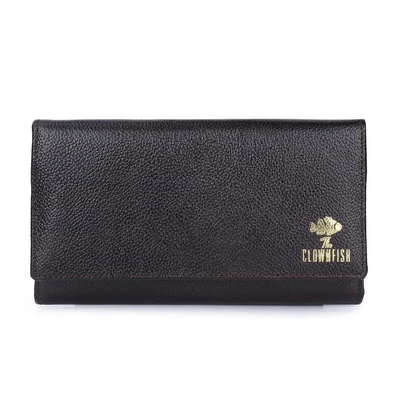 THE CLOWNFISH Elsa Collection Genuine Leather Tri-Fold Womens Wallet Clutch Ladies Purse with Multiple Card Slots & ID Card Windows (Navy Blue)