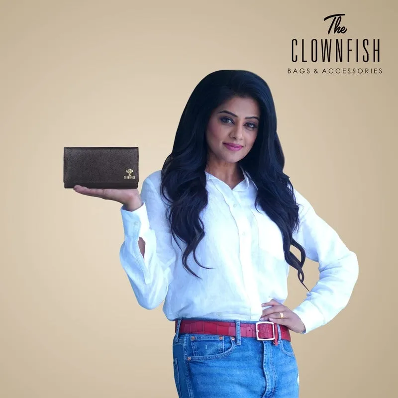 THE CLOWNFISH Elsa Collection Genuine Leather Tri-Fold Womens Wallet Clutch Ladies Purse with Multiple Card Slots & ID Card Windows (Navy Blue)