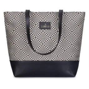 THE CLOWNFISH Ophelia Printed Handicraft Fabric & Faux Leather Handbag for Women Office Bag Ladies Shoulder Bag Tote for Women College Girls (Black-Wave Design)