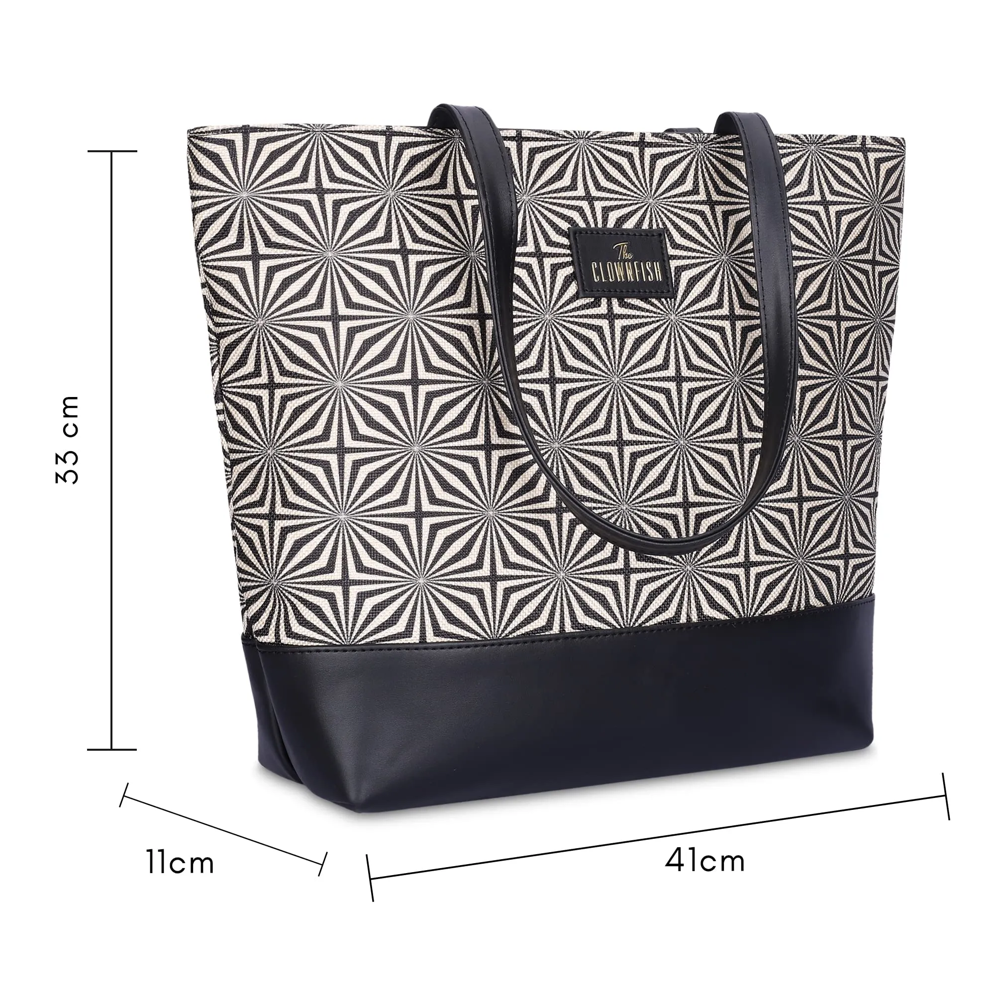 THE CLOWNFISH Ophelia Printed Handicraft Fabric & Faux Leather Handbag for Women Office Bag Ladies Shoulder Bag Tote for Women College Girls (Black-Wave Design)