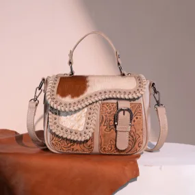 TR149-8360 Trinity Ranch Hair-On Cowhide Saddle Shape Collection Crossbody/Satchel - Tan