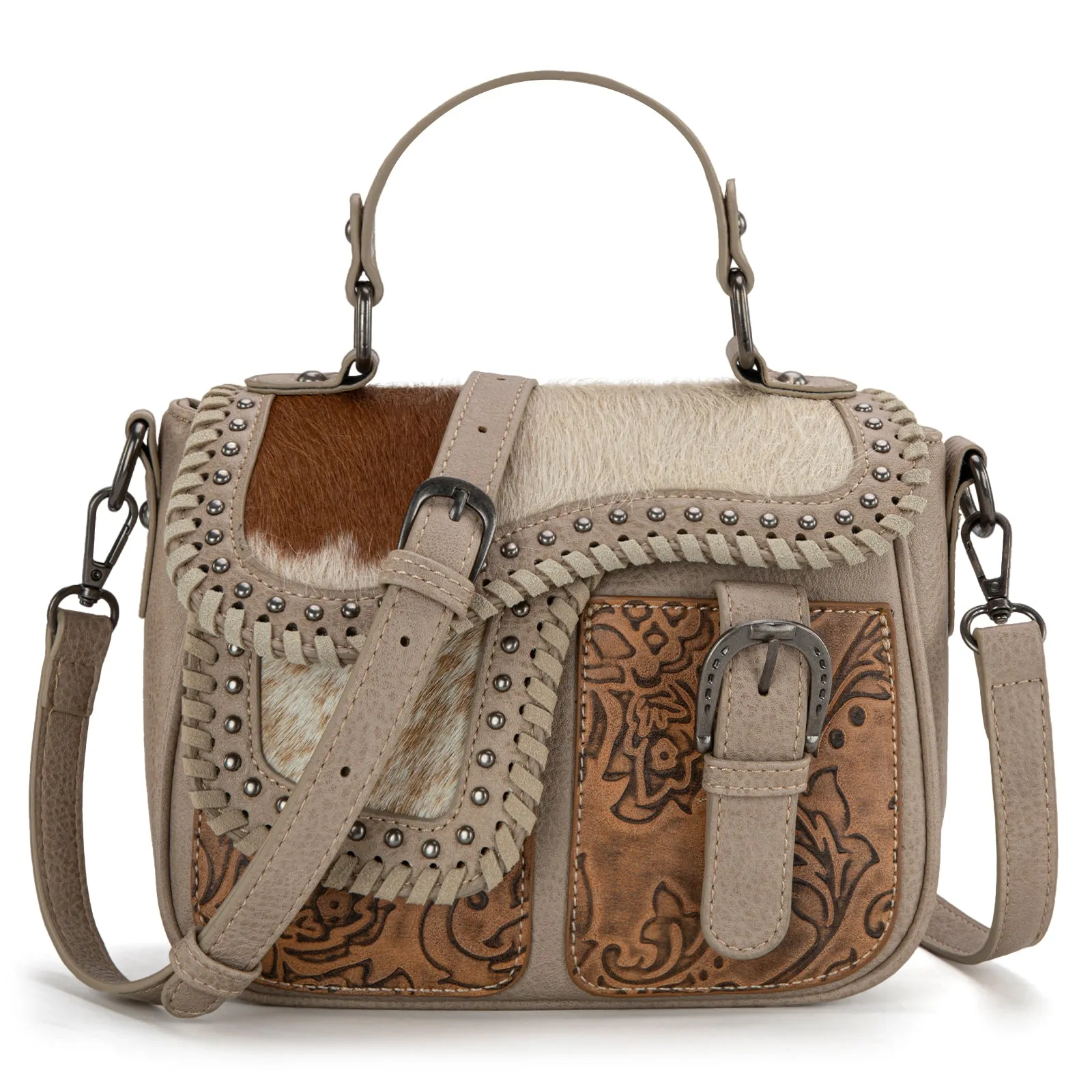 TR149-8360 Trinity Ranch Hair-On Cowhide Saddle Shape Collection Crossbody/Satchel - Tan