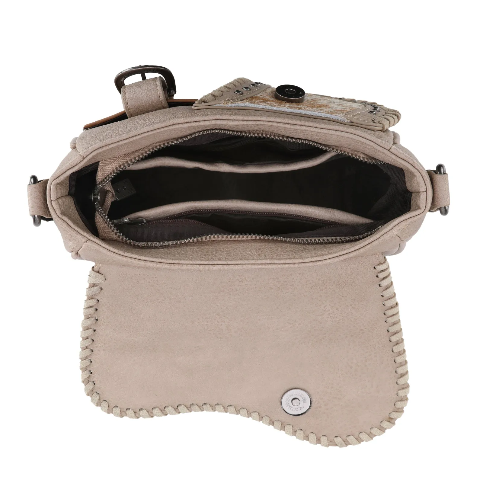 TR149-8360 Trinity Ranch Hair-On Cowhide Saddle Shape Collection Crossbody/Satchel - Tan