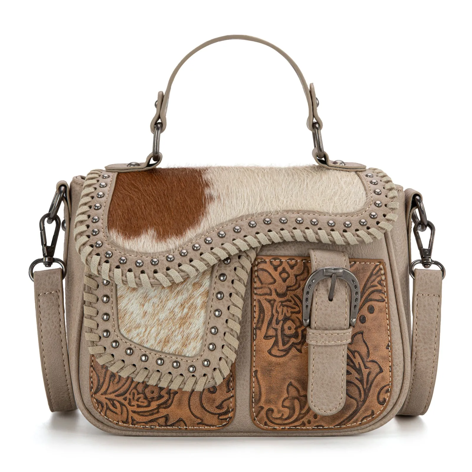 TR149-8360 Trinity Ranch Hair-On Cowhide Saddle Shape Collection Crossbody/Satchel - Tan