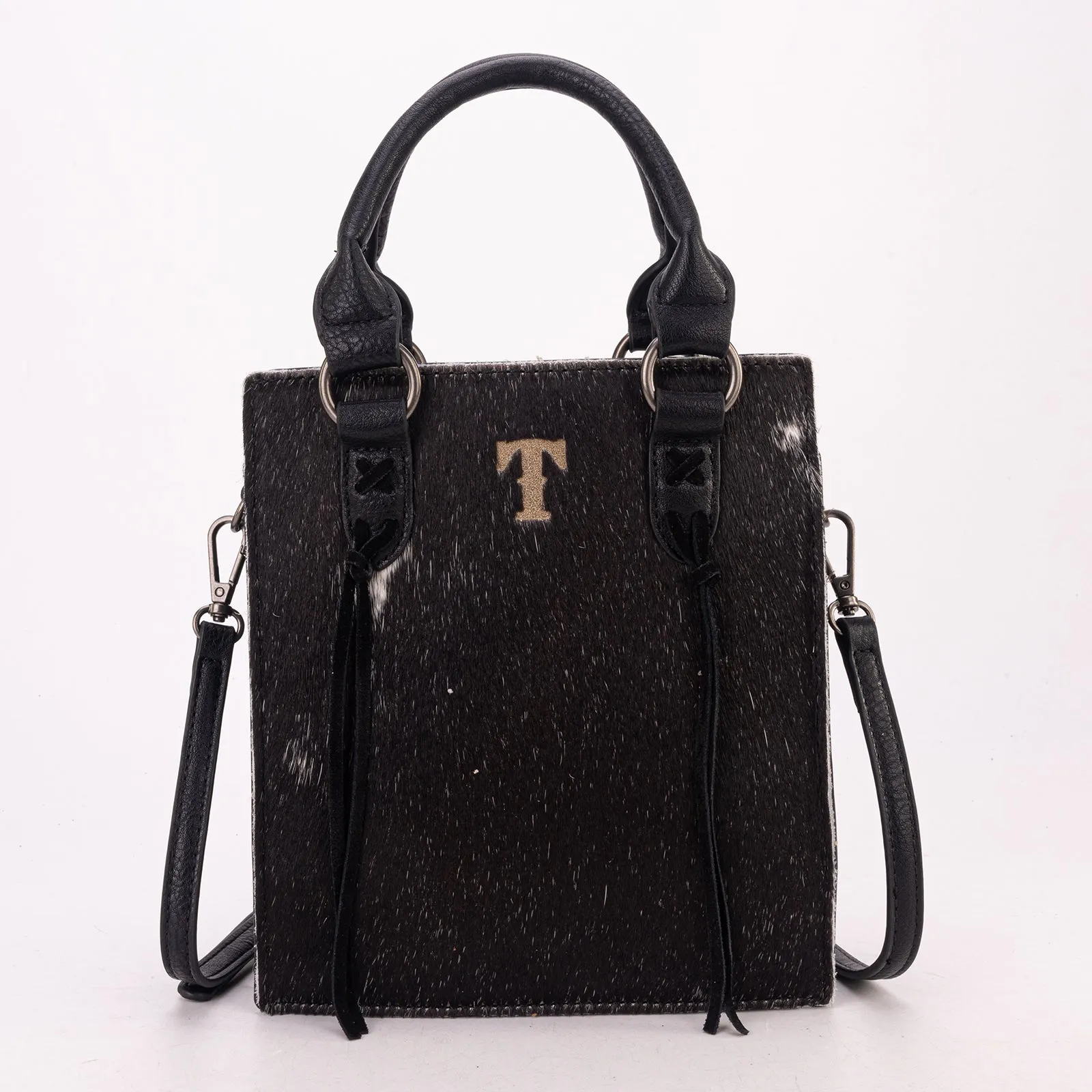 TR183-8360  Trinity Ranch Hair On Cowhide Top Handle Tote/Crossbody - Black