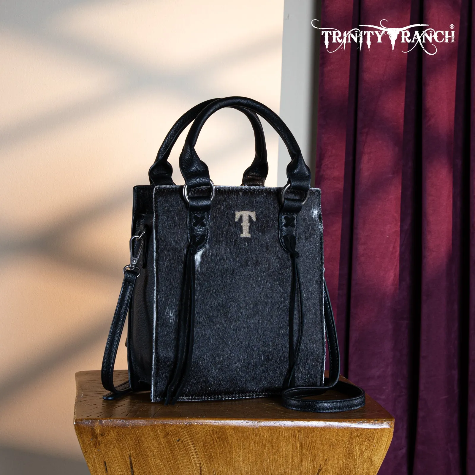 TR183-8360  Trinity Ranch Hair On Cowhide Top Handle Tote/Crossbody - Black