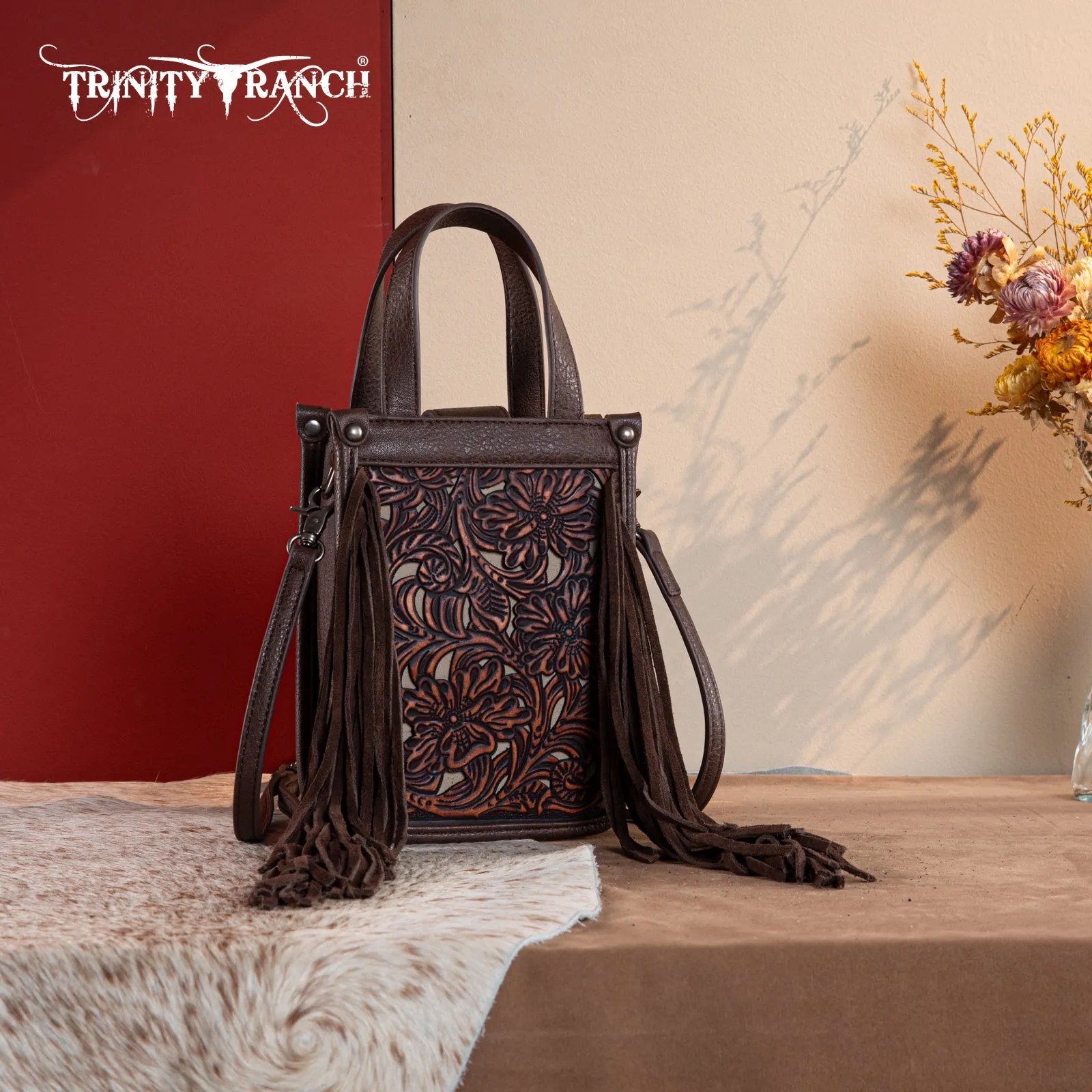 TR188-160   Trinity Ranch Floral Tooled Fringe Mini Tote/Crossbody