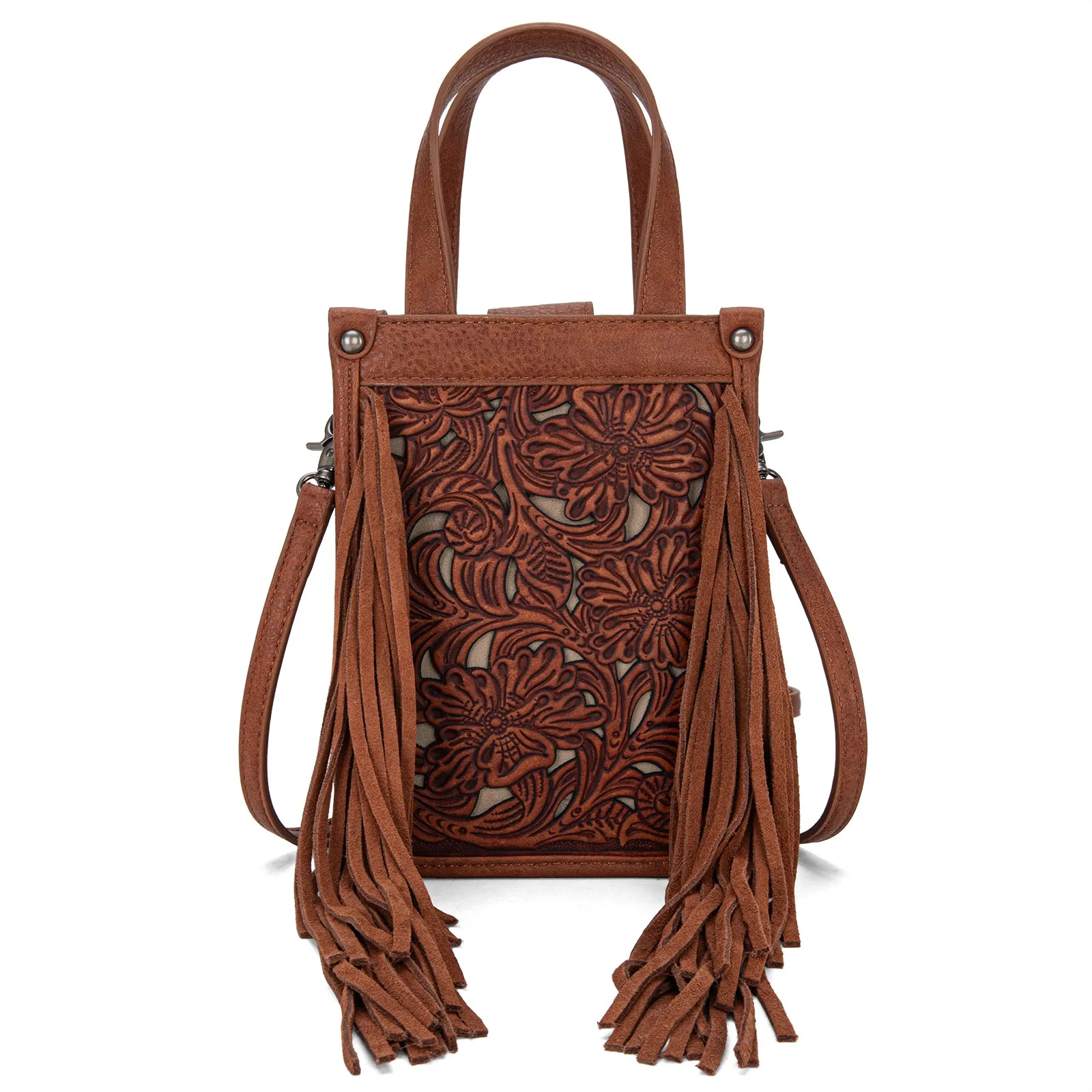 TR188-160   Trinity Ranch Floral Tooled Fringe Mini Tote/Crossbody