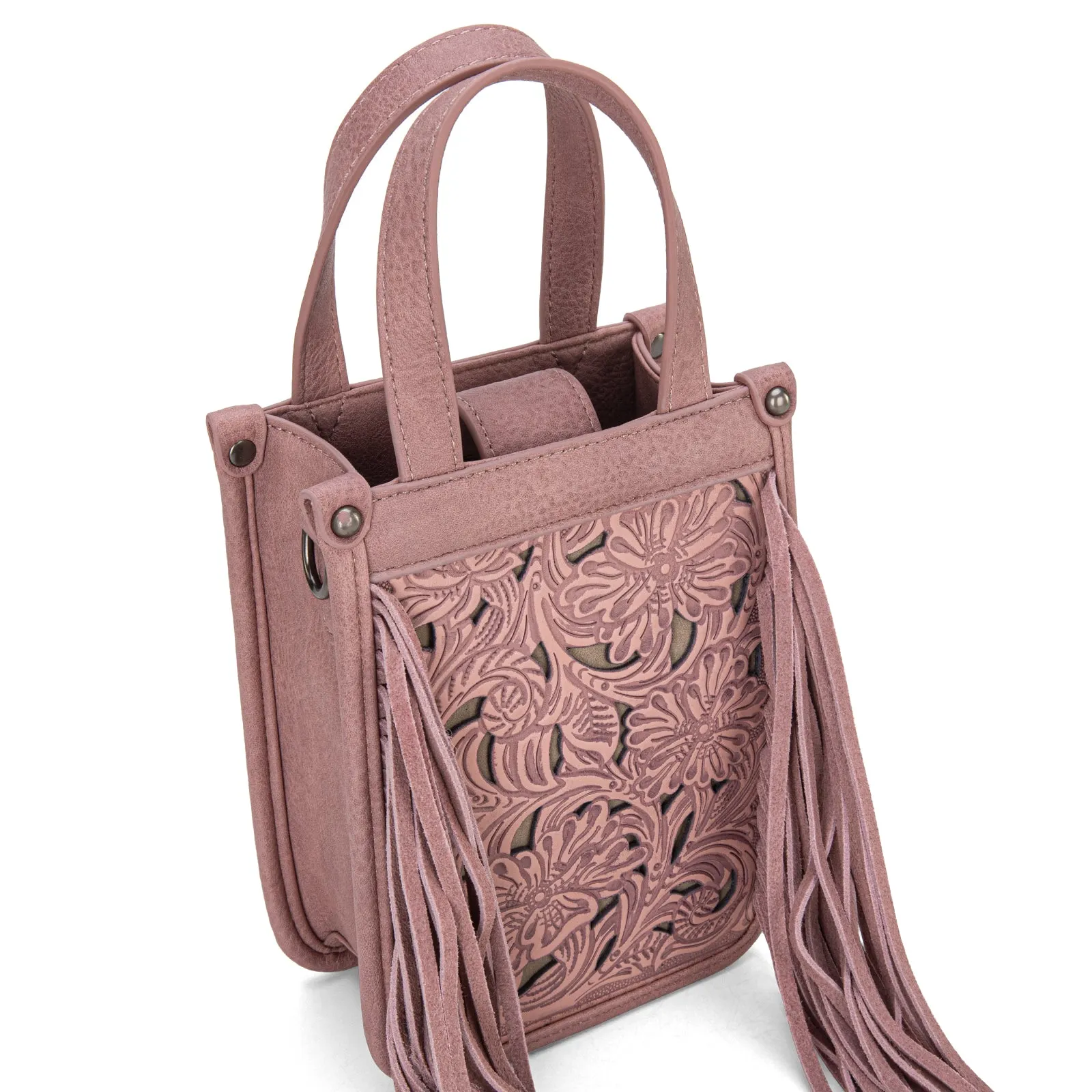 TR188-160   Trinity Ranch Floral Tooled Fringe Mini Tote/Crossbody