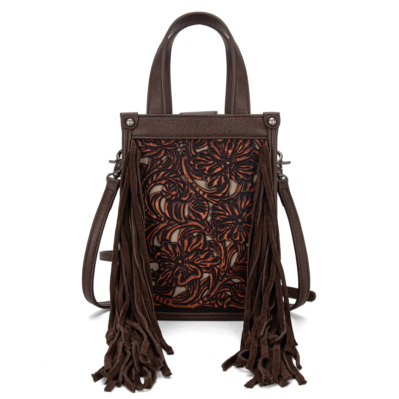 TR188-160   Trinity Ranch Floral Tooled Fringe Mini Tote/Crossbody