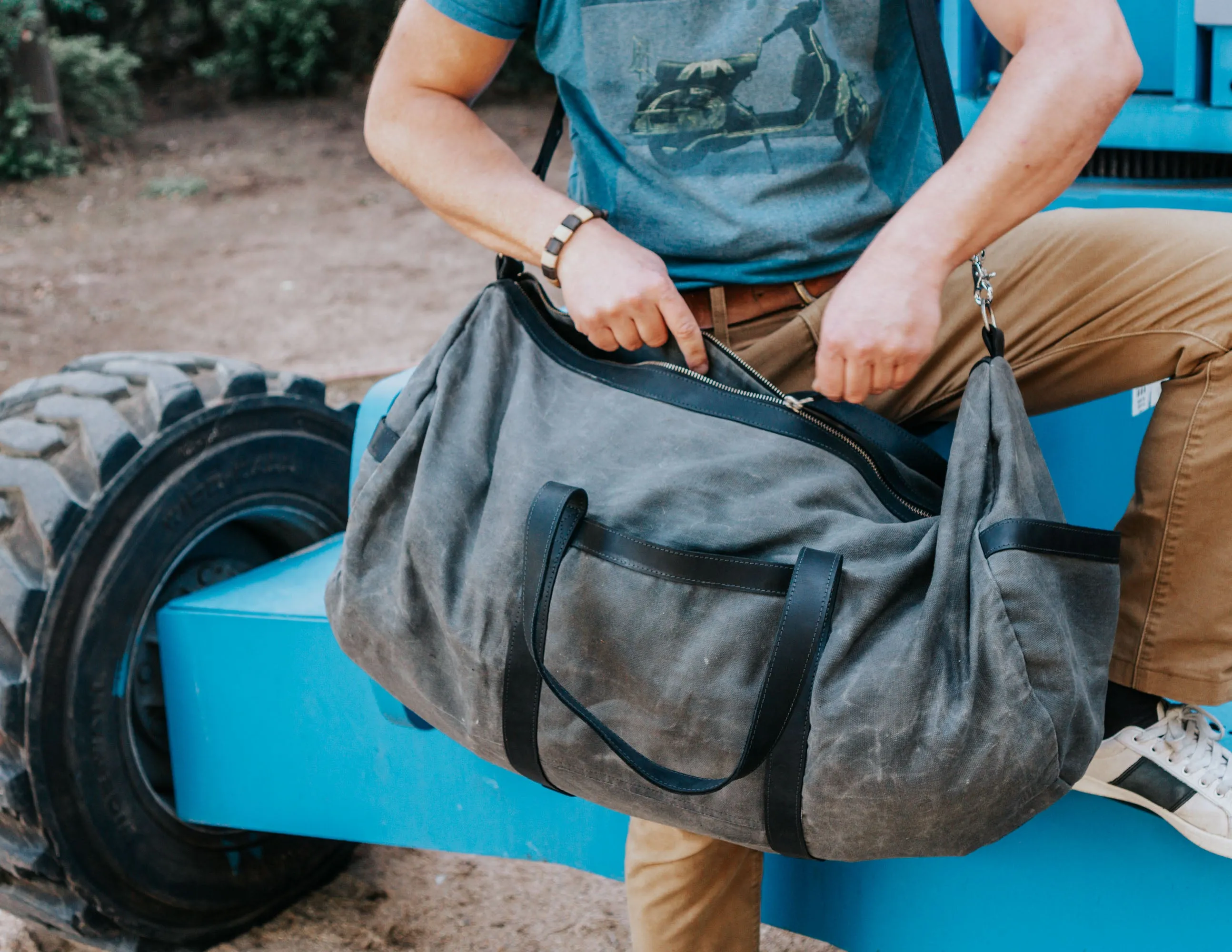 Waxed Canvas Duffel Bag with Leather Shoulder Strap