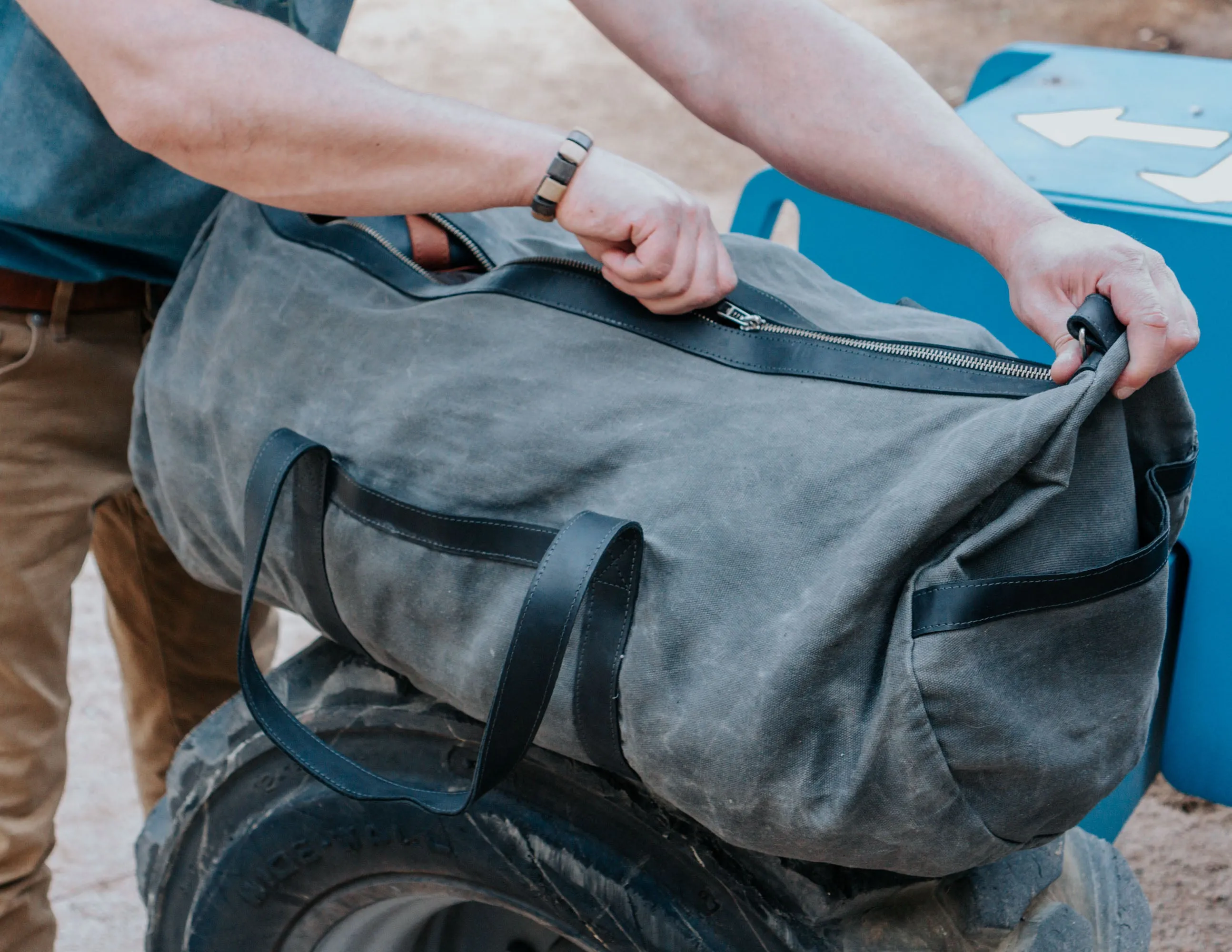 Waxed Canvas Duffel Bag with Leather Shoulder Strap