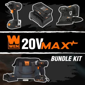 WEN 20V Cordless Impact Driver, Sander, and Impact Wrench Bundle with Two Batteries, Two Chargers, and Tool Bag