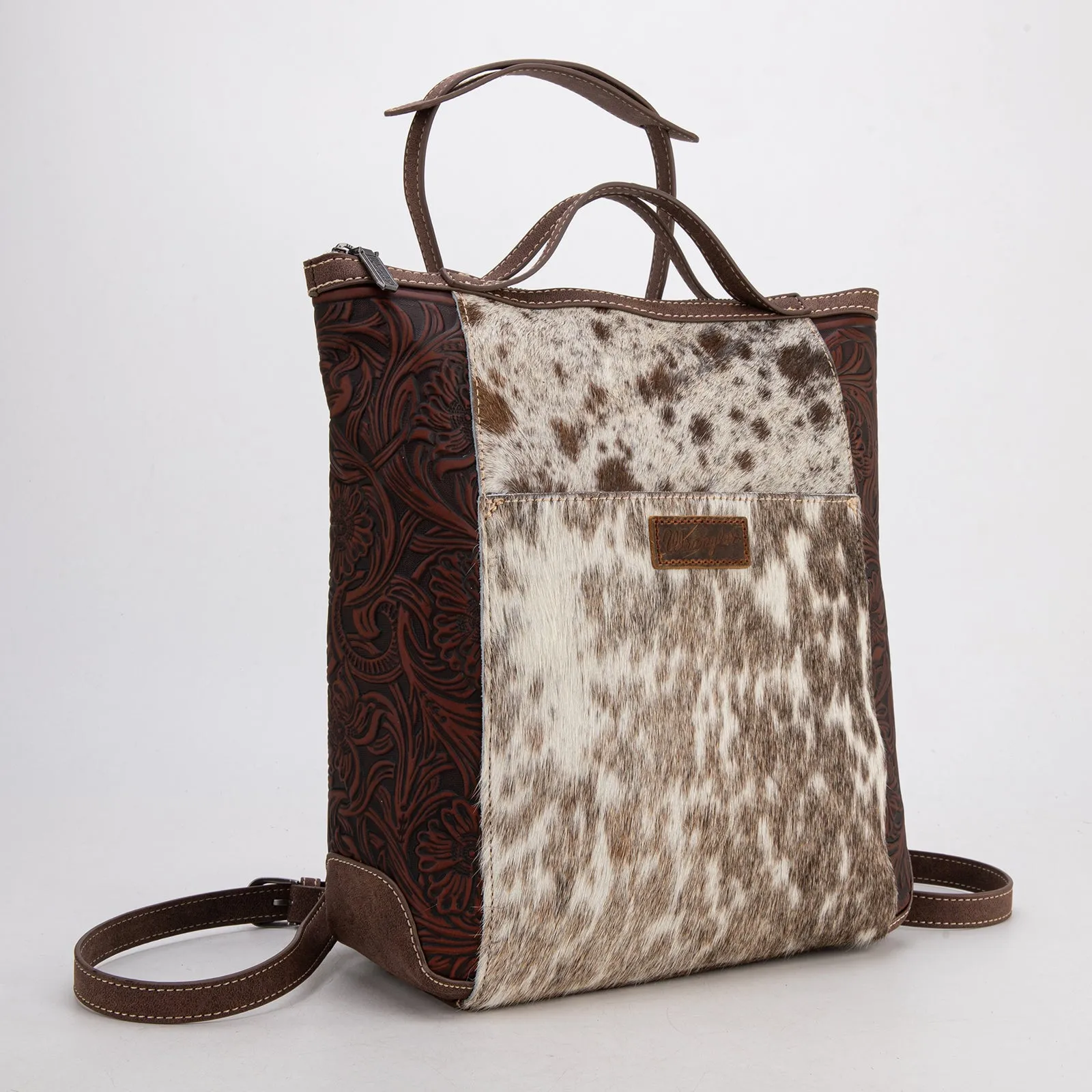 WG169-9112 Wrangler Genuine Hair-On Cowhide Floral Tooled Convertible Backpack/Crossbody - Coffee