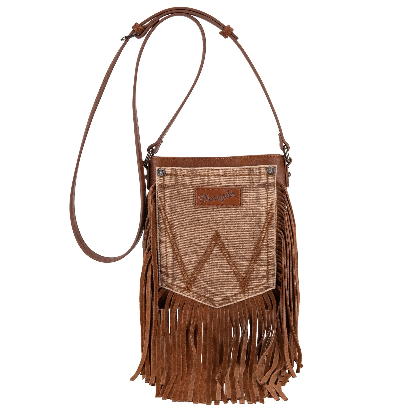 WG44-8360  Wrangler Leather Fringe Jean Denim Pocket Crossbody - Light Brown