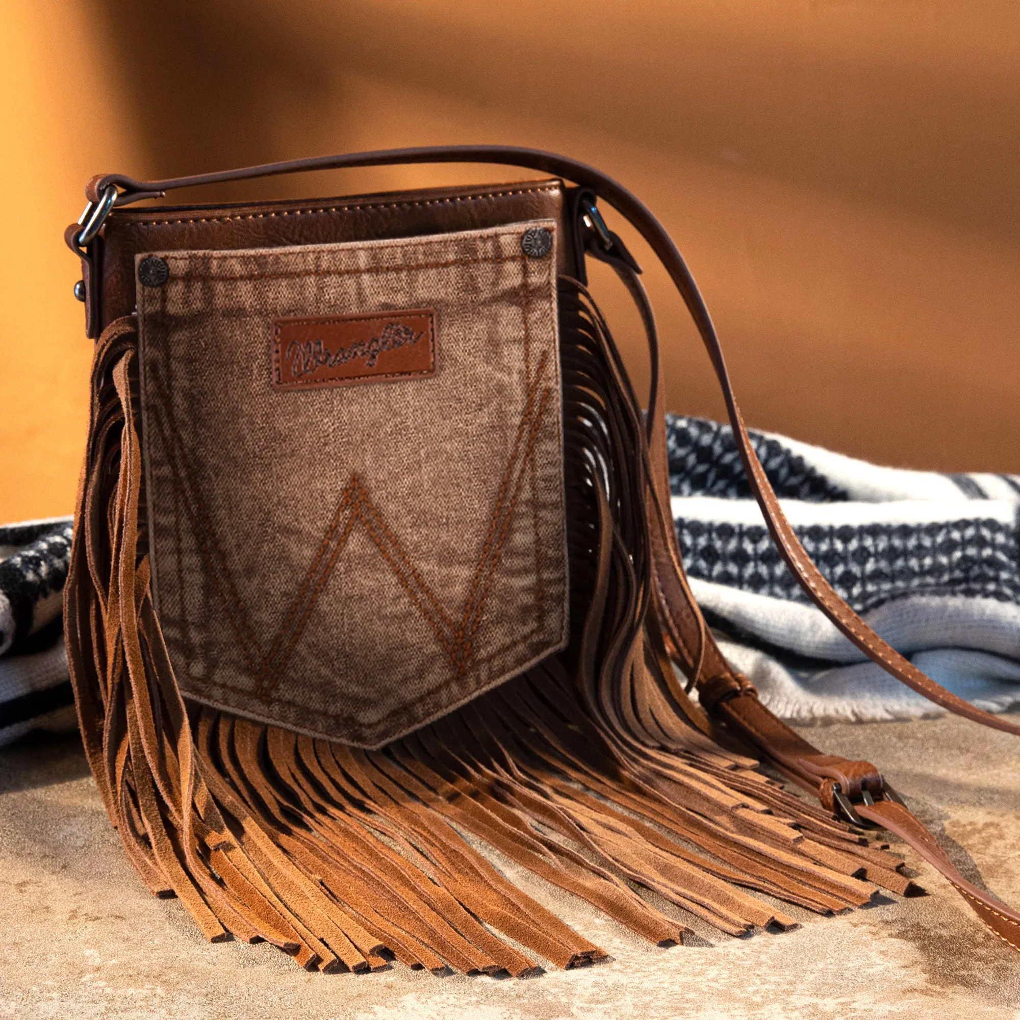 WG44-8360  Wrangler Leather Fringe Jean Denim Pocket Crossbody - Light Brown