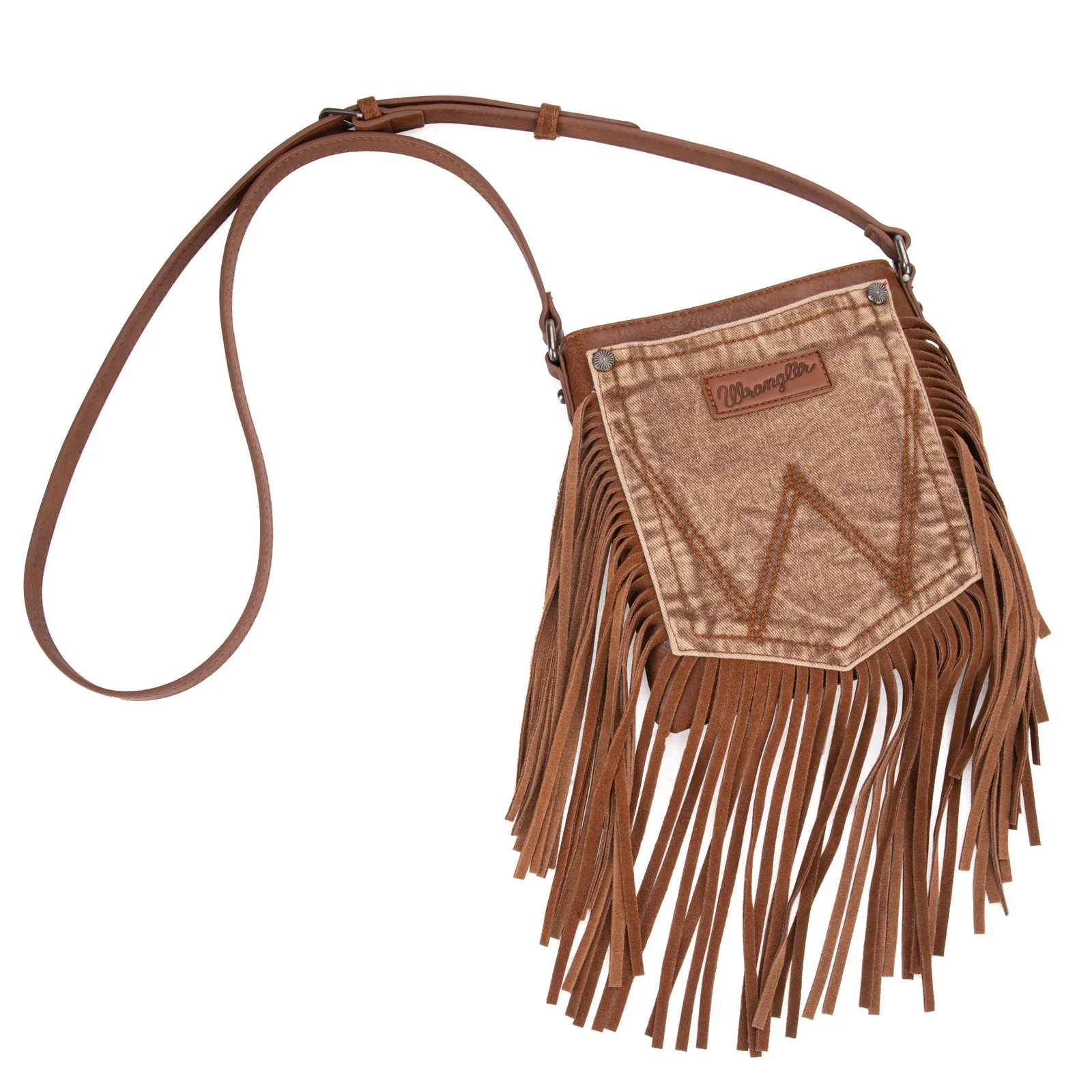 WG44-8360  Wrangler Leather Fringe Jean Denim Pocket Crossbody - Light Brown