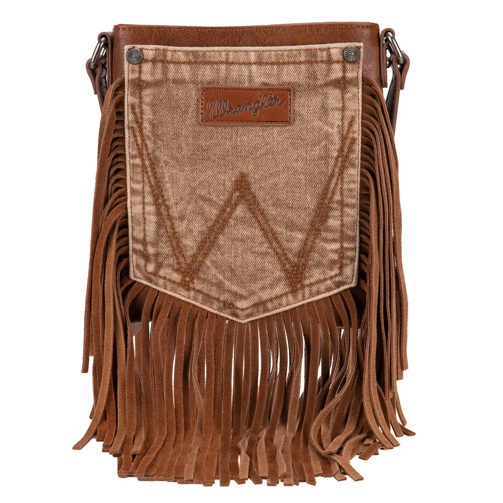 WG44-8360  Wrangler Leather Fringe Jean Denim Pocket Crossbody - Light Brown