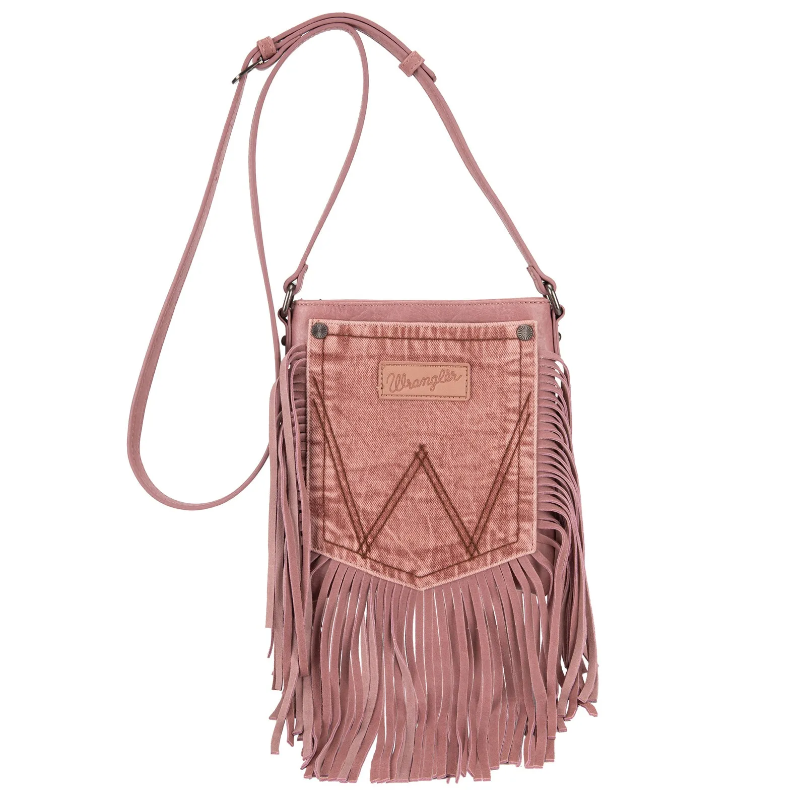 WG44-8360  Wrangler Leather Fringe Jean Denim Pocket Crossbody - Pink