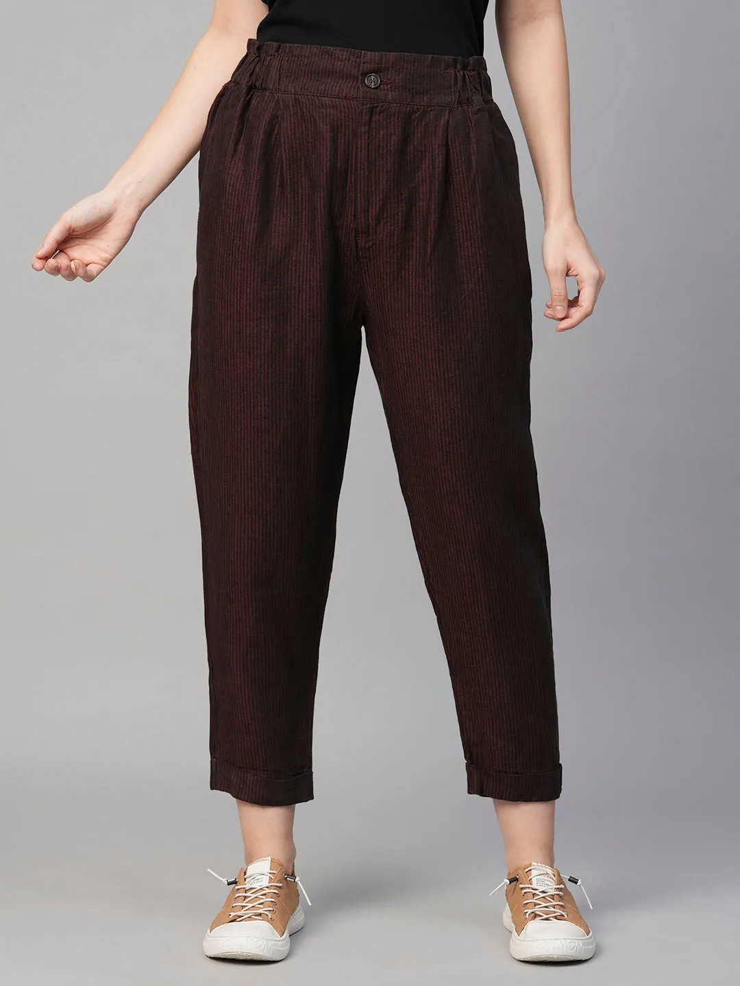 Women's Maroon Linen Regular Fit Pant