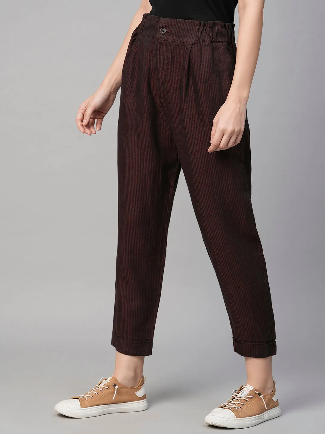 Women's Maroon Linen Regular Fit Pant