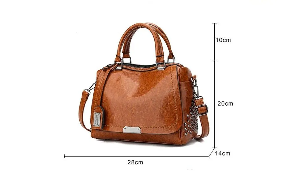 Women's Vintage Vegan Leather Rivet Handbag with Shoulder Strap