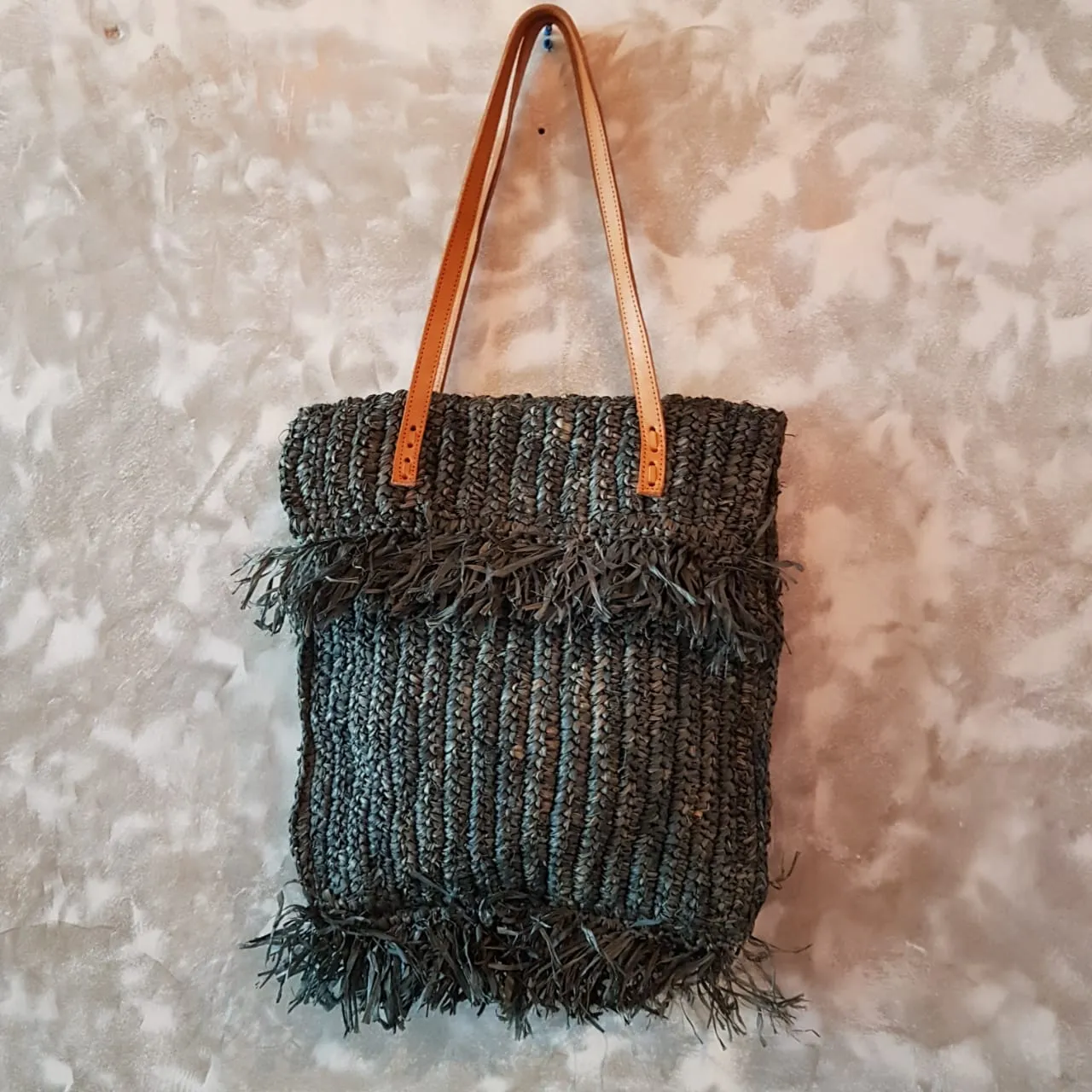 Woven Straw Grass Bag With Double Fringe In Black Or Natural Colors