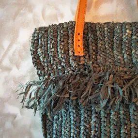 Woven Straw Grass Bag With Double Fringe In Black Or Natural Colors