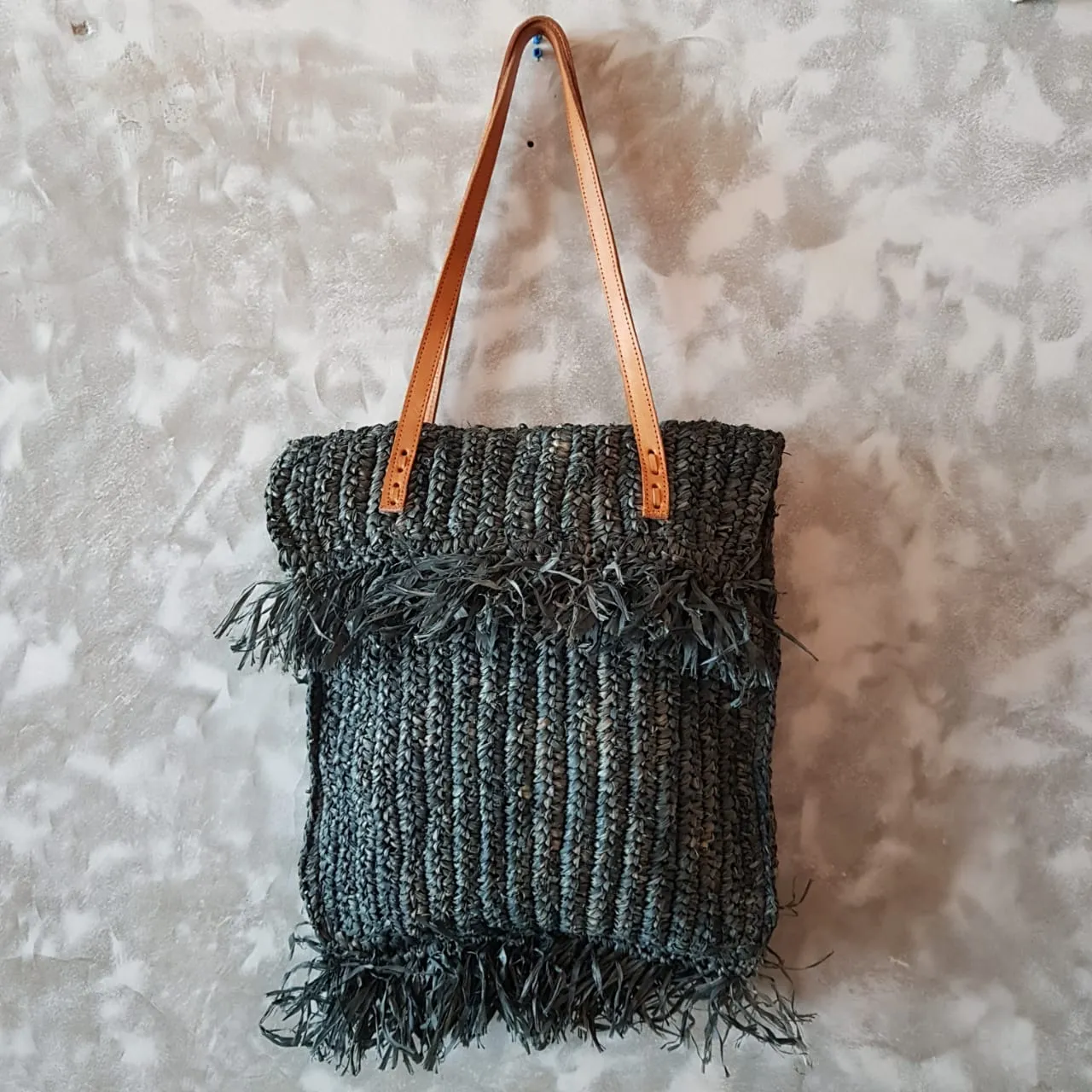 Woven Straw Grass Bag With Double Fringe In Black Or Natural Colors