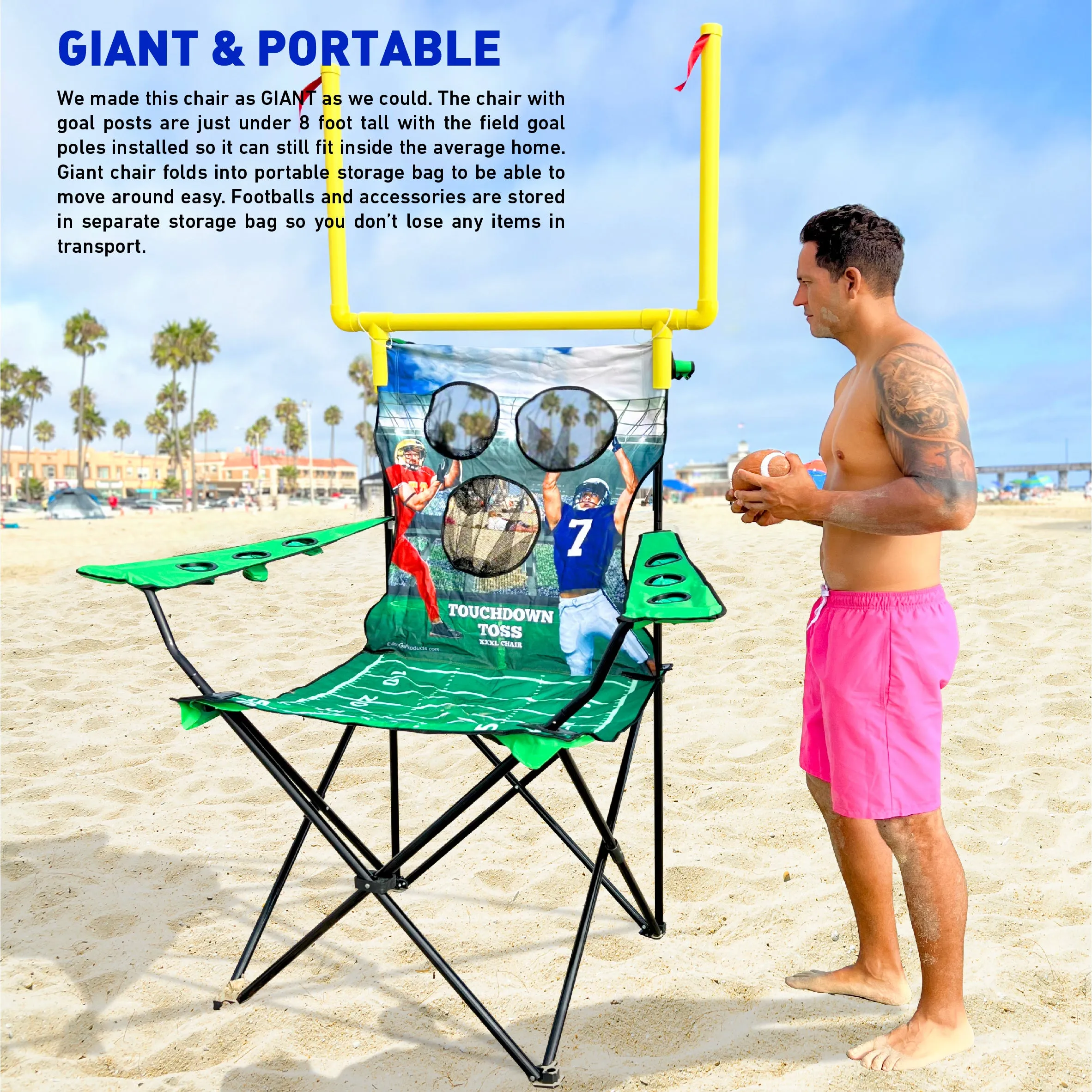 XXL Giant Football Toss Game & Tailgating Chair Combo - 8’ Tall - Outdoor Football Game for 2-4 people – Includes Footballs, Air Pump, Kicking Tee & Storage Bag – Tailgating, Backyard, Beach & Parks