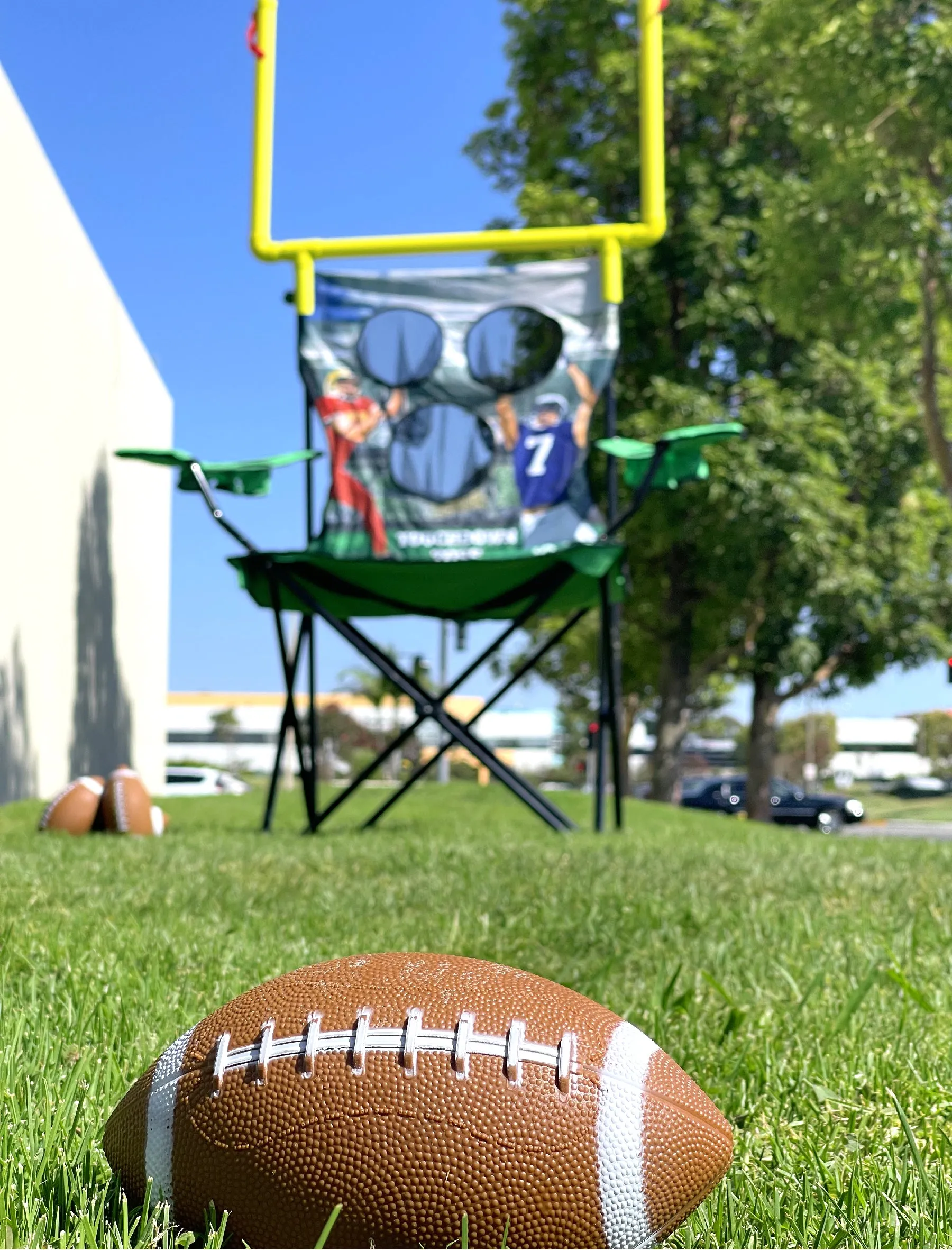 XXL Giant Football Toss Game & Tailgating Chair Combo - 8’ Tall - Outdoor Football Game for 2-4 people – Includes Footballs, Air Pump, Kicking Tee & Storage Bag – Tailgating, Backyard, Beach & Parks