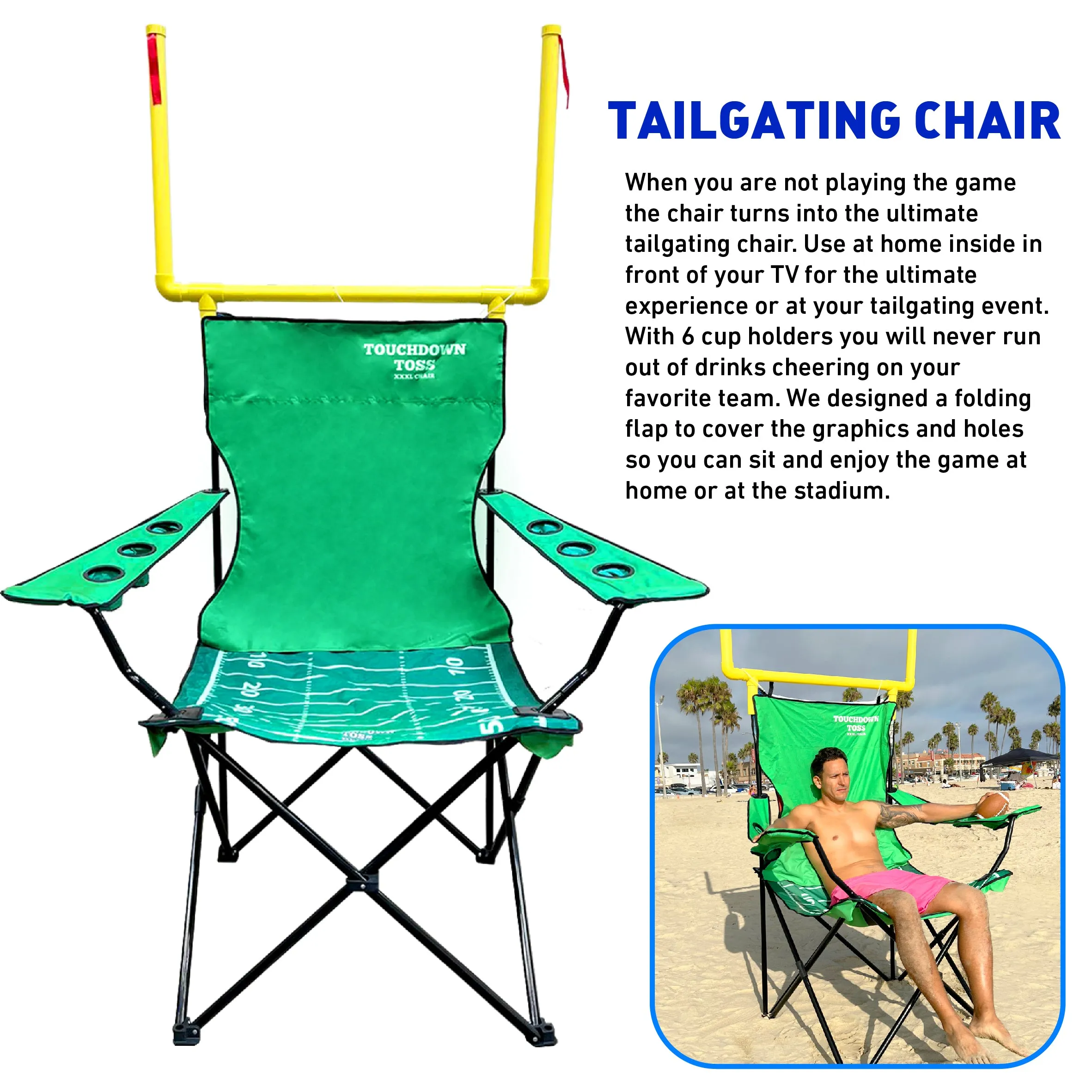 XXL Giant Football Toss Game & Tailgating Chair Combo - 8’ Tall - Outdoor Football Game for 2-4 people – Includes Footballs, Air Pump, Kicking Tee & Storage Bag – Tailgating, Backyard, Beach & Parks