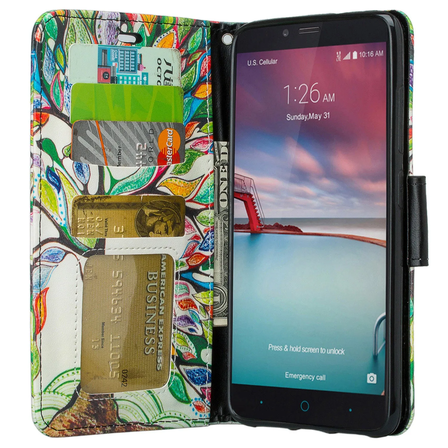 ZTE ZMAX Pro Case | Blade X Max | ZTE Carry | ZTE Grand X Max 2 Case | ZTE Imperial Max Case | Max Duo Wrist Strap Pu Leather Magnetic Fol[Kickstand] Wallet Case[ID & Card Slots] - Colorful Tree